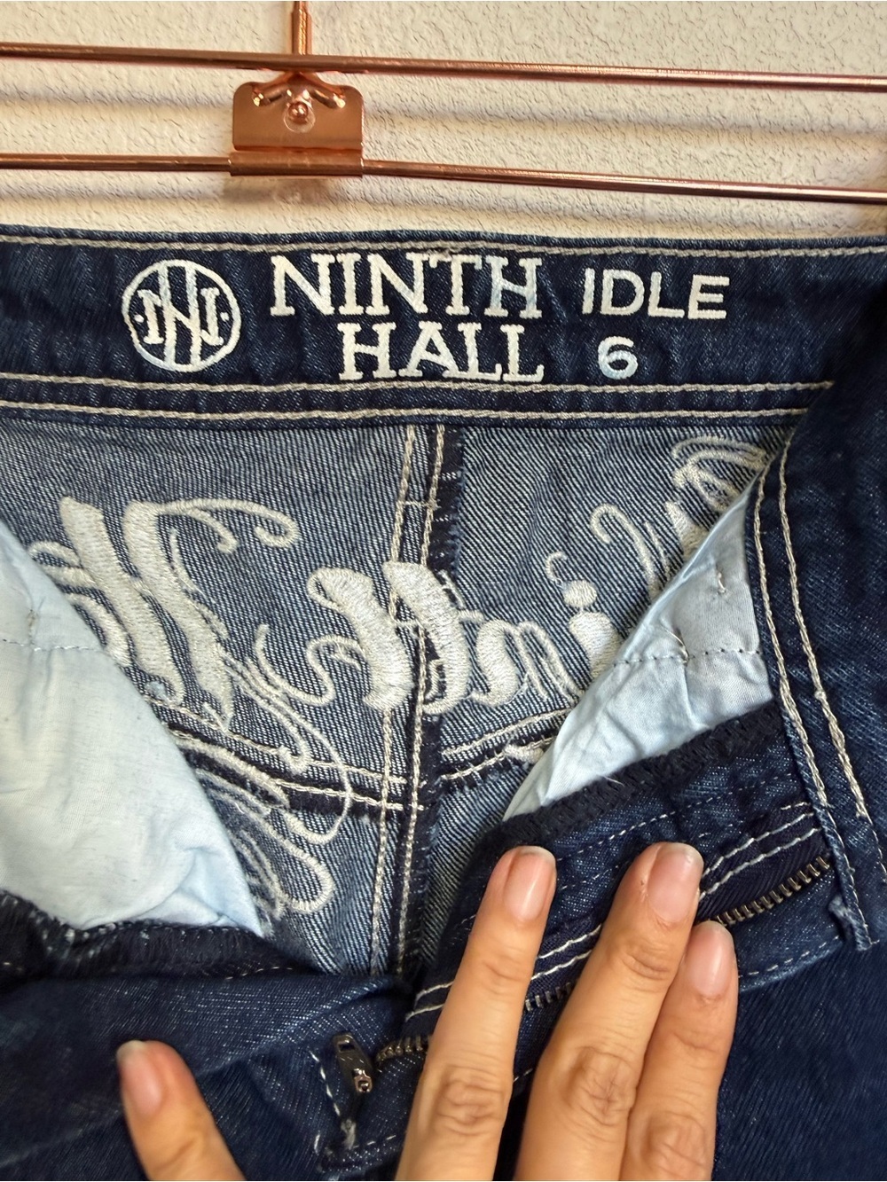 Ninth Idle Hall Y2K Wide Leg Jeans Embroidered Flame Rose Dark Wash Sz 6 - Picture 5 of 15